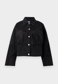 Giacca di jeans nera cropped con bottoni a pressione argento e dettagli in frange nere su petto e maniche.