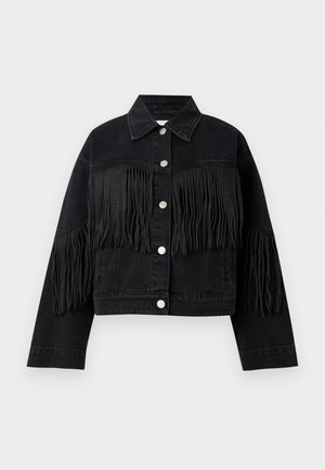 Black cropped denim jacket with silver snap buttons and black fringe detailing across chest and sleeves.