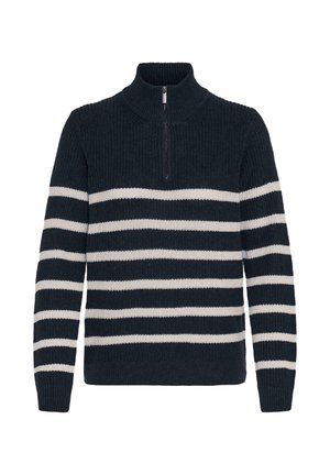 Pulover bleumarin cu dungi albe orizontale, având un guler înalt și închidere cu fermoar pe jumătate, realizat dintr-un material tricotat texturat.