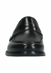 Zwart leren instapper met een gladde afwerking, voorzien van decoratieve stiksels en een ronde neus. De zool is plat en gemaakt van duurzaam materiaal.