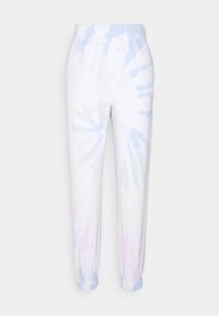 Joggers de teñido anudado en blanco con espirales en tonos pastel de azul, rosa y verde. Cuenta con una cintura elástica y puños ajustados en los tobillos.