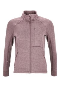 Veste en polaire rose clair, motif texturé, design ajusté avec un col haut, fermeture éclair à l'avant et une poche sur la poitrine, plus deux poches latérales.