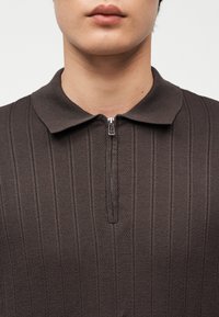 Κοντινό πλάνο ενός ατόμου που φοράει καφέ ριγωτό πλεκτό πόλο μπλουζάκι με κοντό ασημί φερμουάρ στο γιακά.