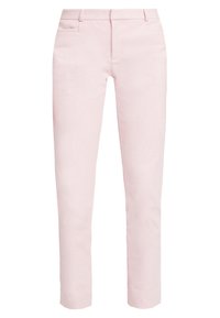 Pink trousers with a straight-leg design, made from soft fabric featuring a subtle ribbed texture and side pockets. Classic waistband finish.