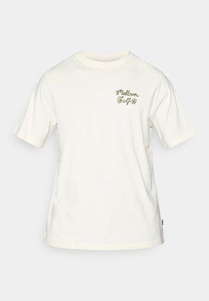 Cream-colored cotton t-shirt featuring short sleeves, a crew neck, and a small green printed logo on the left chest area.