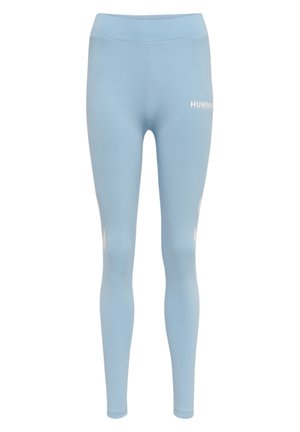 Helle blaue Leggings aus dehnbarem Material, mit einem hohen Bund und weißen Logodetails. Enganpassender Schnitt mit glatter Textur.