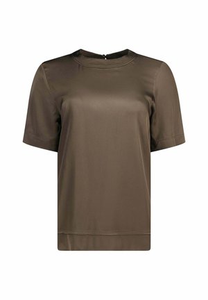 Blusa in raso verde oliva scuro a maniche corte con scollo tondo e chiusura con bottoni sul retro, mostrata su sfondo bianco.