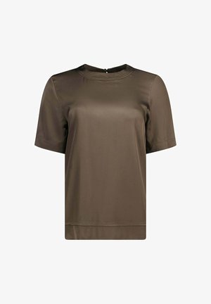 Kortärmelig donker olijfgroene satijnen blouse met ronde hals en knoopsluiting aan de achterkant, weergegeven op een witte achtergrond.