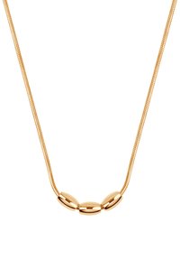 Złota naszyjnik z cienkim, gładkim łańcuszkiem, z trzema wydłużonymi owalnymi ogniwami jako centralnym akcentem. Gładkie metaliczne wykończenie, współczesny design.