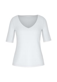 Witte top met korte mouwen en een V-hals, gemaakt van gladde stof. Heeft strakke lijnen en subtiele naden. Eenvoudig, klassiek ontwerp.