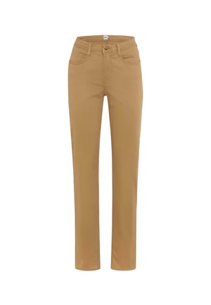 Pantaloni elasticizzati beige con gamba dritta, dotati di due tasche frontali, una chiusura a bottone singolo e minima cucitura decorativa.