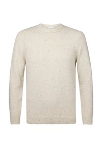 Helles beiges Sweatshirt mit rundem Ausschnitt, gerippten Bündchen und Saum. Mit bunten Sprenkeln durch das gesamte Material strukturiert. Weich gestricktes Material.