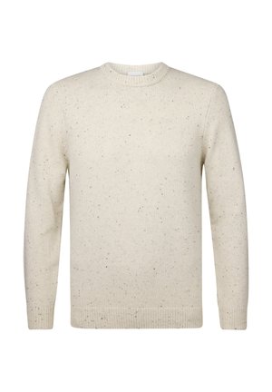 Light beige sweater with a round neckline, ribbed cuffs, and hem. Textured with multicolored specks throughout the fabric. Soft knit material.
