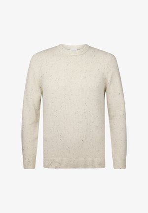 Suéter de color beige claro con cuello redondo, puños y dobladillo acanalados. Texturizado con puntos multicolores en toda la tela. Material de punto suave.