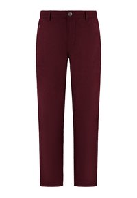 Burgundy hlače iz teksturiranega materiala, z zadrgo, gumbom in stranskima žepoma, z prilagojenim krojem.