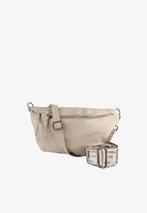 Beige leather belt bag with silver zipper and buckle, featuring an adjustable fabric strap with a pattern and metal clasp.