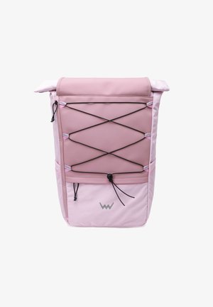 Pink roll-top backpack with elastic bungee cord design, black drawstrings, and a subtle logo at the bottom. Made of durable material.