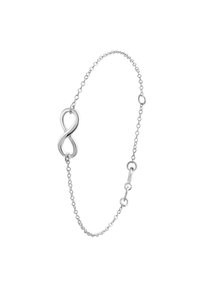 Zilveren armband met een infinity-symbool bedel en een schakeldesign met meerdere ronde schakels. Gladde textuur met een gepolijste afwerking.