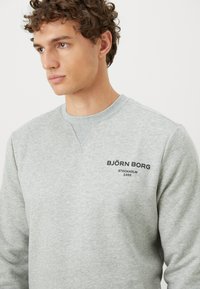 Ung mann med krøllete hår iført en lys grå genser med rund hals, med "BJÖRN BORG Stockholm 1956" trykt på brystet.