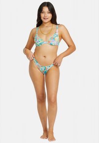Colorful two-piece bikini with a floral pattern; the top features adjustable straps and underwire, while the bottom has a low-rise design.