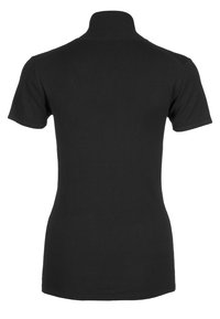 Černý krátký rukáv top s rolákem vyrobený z hladké, elastické látky, s přiléhavým střihem a bezšvými rameny.