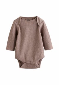 Body din material maro, cu maneci lungi, cu textura în dungi, guler rotund, închidere cu capse în partea de jos. Are un design simplu și practic.