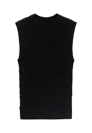 Haut sans manches noir avec une surface texturée présentant des motifs en relief. Encolure ronde et coupe ajustée, fabriqué à partir d'un tissu doux.
