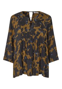 Løs-bluse med V-udskæring og nøglehul detail. Har et sort, brunt og blåt blomstermønster på tekstureret stof. Trekvartærmer.