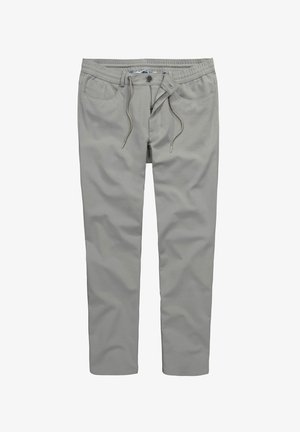 Szare, lekkie spodnie z elastycznym pasem, sznurkiem do regulacji, rozporkiem na zamek i dwiema przednimi kieszeniami. Gładka faktura i zwężający się krój.