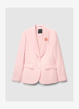 Light pink structured blazer with two buttons, notch lapels, and front pockets. Includes a decorative flower pin. Smooth fabric texture.