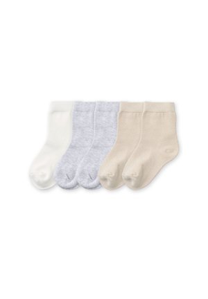 Five pairs of plain toddler socks in white, light gray, and beige, arranged side by side on a white background.