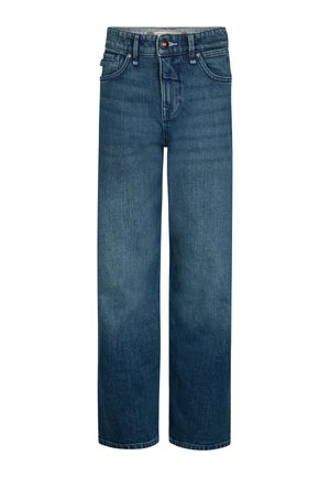 Blauwe denim rechte jeans met knoop en ritssluiting aan de voorkant, riemlussen en voorzakken, weergegeven op een witte achtergrond.