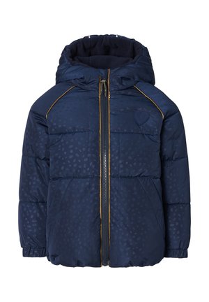 Veste matelassée pour enfants bleu marine avec capuche, fermeture éclair sur le devant, motif discret à pois et emblème en forme de cœur sur la poitrine.