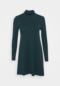 Robe tricotée vert foncé avec un col roulé haut, des manches longues et un bas évasé. Texture lisse, design minimaliste et bords ourlés.