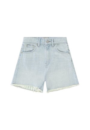 Lichtblauwe denimshorts met rafelige zoom, sluiting met knopen en rits aan de voorkant, riemlussen en voorzakken.