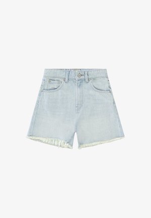 Lichtblauwe denimshorts met rafelige zoom, sluiting met knopen en rits aan de voorkant, riemlussen en voorzakken.