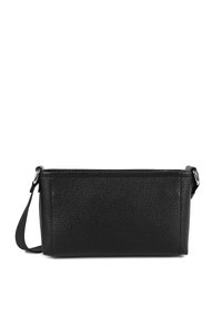 Zwarte leren clutch met een gewelfde textuur, rechthoekige vorm, bovenste rits en een afneembare strap. Minimalistisch ontwerp zonder zichtbare hardware.