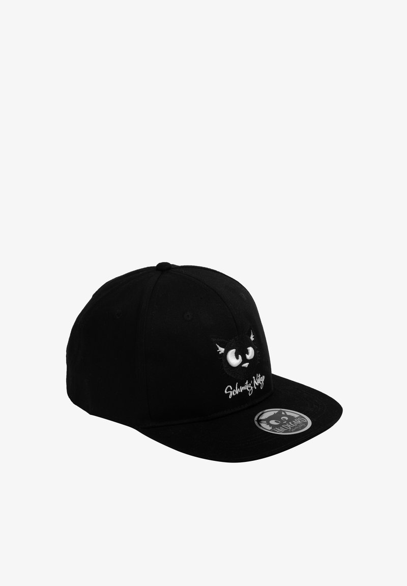 Cappellino snapback nero con faccia di gatto cartoon ricamata e testo "Schmitz' Kitze" sulla parte frontale, adesivo rotondo sulla visiera piatta.