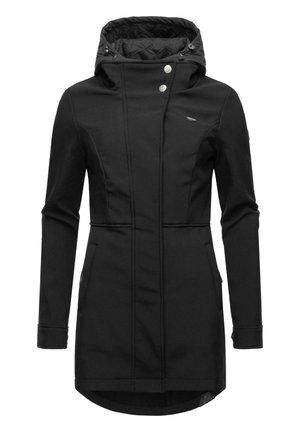 Manteau long noir avec capuche matelassée, col montant, fermeture asymétrique par boutons-pression et poches latérales, conçu pour une silhouette ajustée.