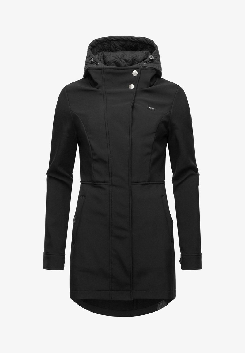 Manteau long noir avec capuche matelassée, col montant, fermeture asymétrique par boutons-pression et poches latérales, conçu pour une silhouette ajustée.