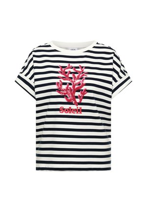 T-shirt à manches courtes rayé horizontal noir et blanc avec un motif corail rouge et le texte "Soleil" à l'avant.