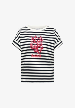 Kortærmet sort og hvidt vandretstribet skjorte med rød koralgrafik og teksten "Soleil" på forsiden.