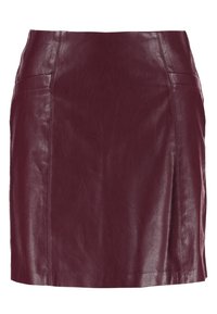 Bordeaux leren minirok met een gladde afwerking, zijzakken en een getailleerde silhoutte. Klassiek ontwerp met strakke lijnen.