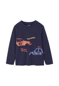 Navy long-sleeve shirt with orange race car, blue police car, and text "vroooom" and "pin-pon pin-pon" on front.