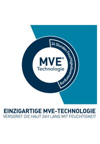 MVE Technologie-Logo mit Text, der die einzigartige 24-Stunden-Feuchtigkeitsversorgung für die Haut hervorhebt, auf Deutsch.