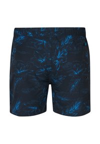 Męskie kąpielówki w ciemnonawowym kolorze z niebieskim wzorem kwiatowym, z elastycznym paskiem w talii i kieszenią boczną. Wykonane z lekkiego materiału dla wygody.