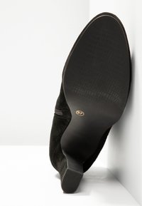 Chaussure à talons hauts en daim noir montrant une semelle texturée en taille 37, positionnée contre une surface d'angle blanche.