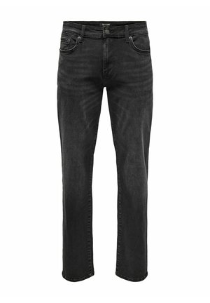 Črne denim kavbojke z ravnim krojem, srednje visokim pasom, zasnovo s petimi žepi, šivanim okrasjem in subtilnim zbledelostjo po celotni površini.
