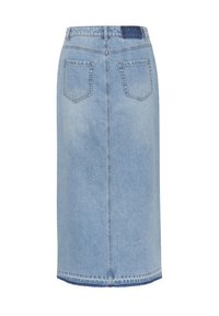 Hellblaue Denim-Midirock mit geradem Schnitt, mittigem Rückennaht und zwei aufgesetzten Taschen hinten. Ausgefranster Saum am unteren Rand.