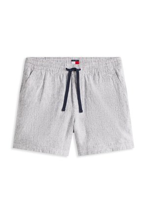 Svetlosivé bavlnené šortky s tenkými vertikálnymi pruhmi, elastickým pásom, námorníckou šnúrkou, bočnými vreckami a malým logom Tommy Hilfiger v oblasti pásu.